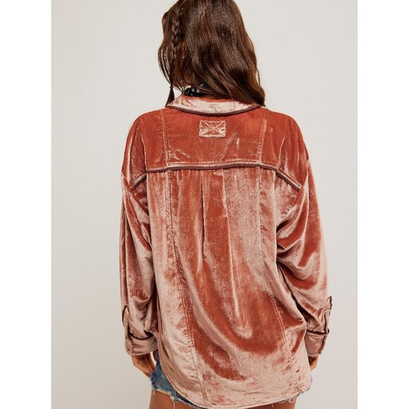 FREE PEOPLE NWT We The Free Luxy Solid Velvet Shirt / Cedar Wood - Picture 3 of 12